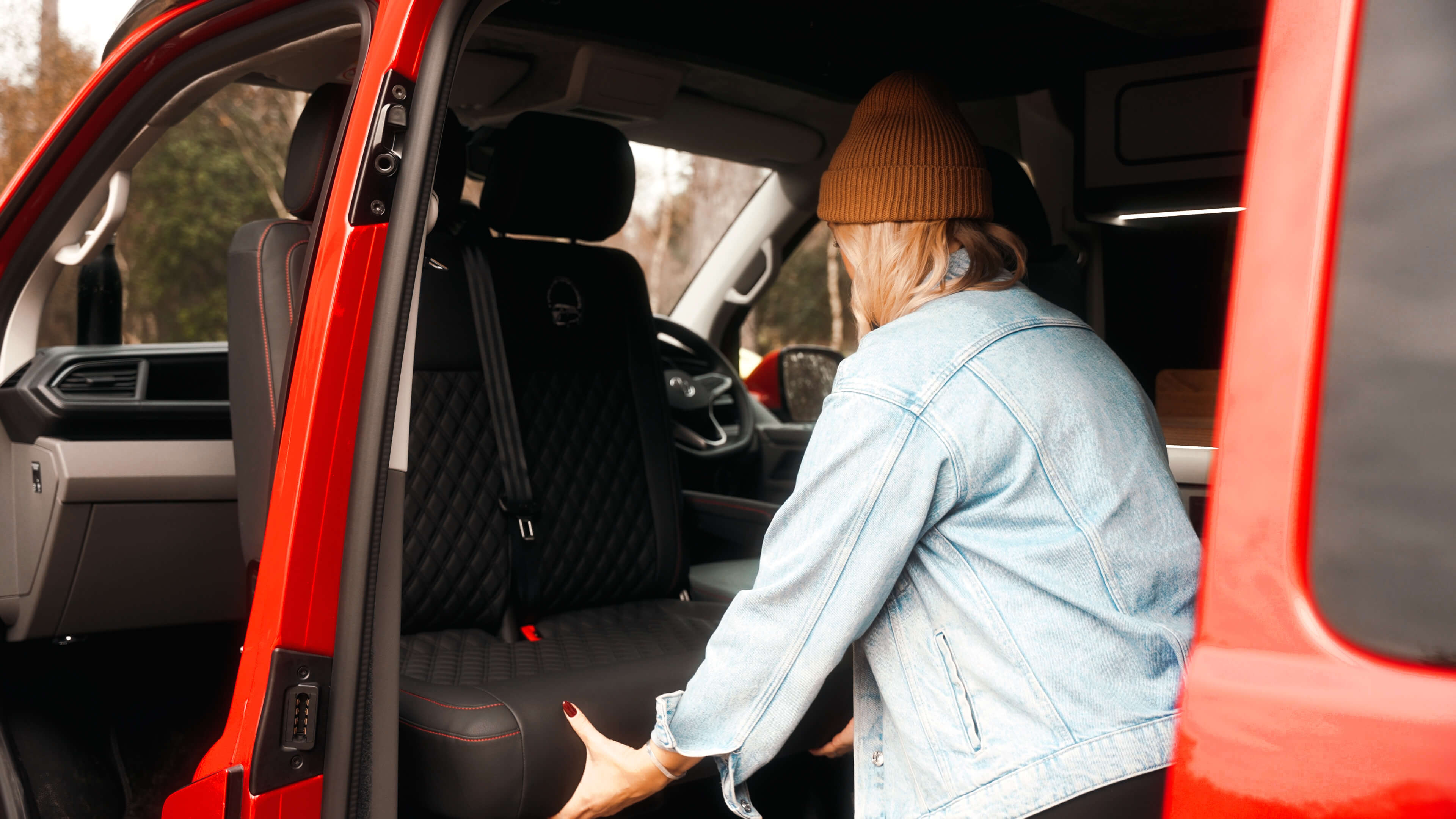 Diamond-quilted upholstery and cabin detailing inside a Van Haven camper