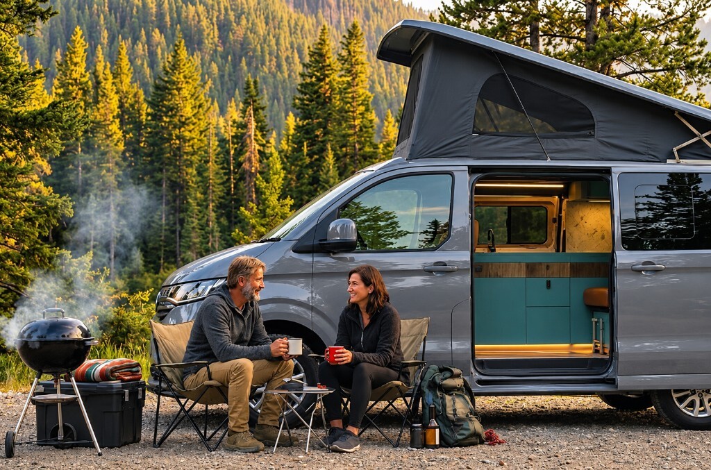 Couple relaxing beside a Van Haven Hambledon camper