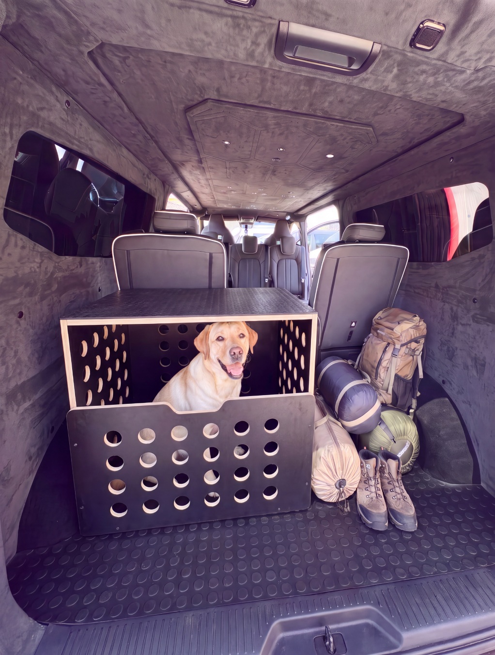 Van Haven T7 rear cargo with dog crate and hiking gear